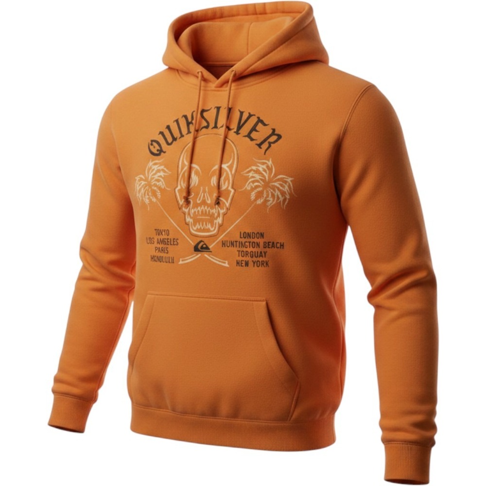 Quiksilver Mens Orange Skull Palm Tree Graphic Pullover Hoodie Size M Vintage